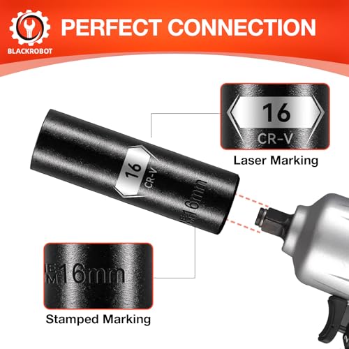 Image of BLACKROBOT 1 /2 Inch Drive 6-Point Deep Socket, 16mm Deep Impact Socket, CR-V Steel
