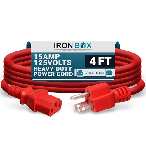 IronBox Electric - Heavy-Duty 5-15P to C13 Power Cord - 3 Prong 15A 125V 14/3 SJT PC Cable - Cord for Computer, Monitor, Subwoofer, Amplifier - Cable for Power Supply - (Red 4 Foot)