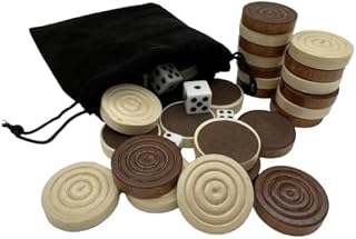 30 Pieces Wooden Backgammon Checkers Replacement Set Checker Board Games Playing Game Chips with 5 Dice Come with Drawstring Storage Pouch (Brown&Beige 1.34 inch)