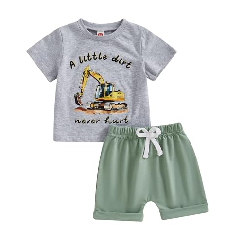 MAHUAOYIXI Baby Boy Outfits Round Neck Letter Digger Print T Shirts Short Sleeve + Elastic Waistband Shorts Sets Infant Baby Boys 2Pcs Toddler Summer Clothes Set (Green, 18-24 Months)