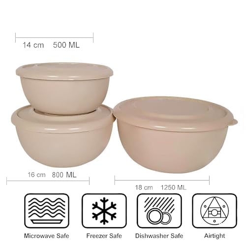 Image of Zaib Microsafe Stainless Steel Mixing Bowl Set of 3 with Airtight Lids, Microwave Safe Food Storage & Serving Containers, Capacity 500ml, 800ml, 1250ml (Classic Sand Brown)