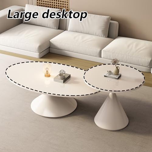 Nesting Coffee Table Set of 2 - Oval Rock Board Top with Hourglass Steel Base, Modern Small Center Tables for Living Room, Bedroom & Office, White & Black, 120cm + 50cm