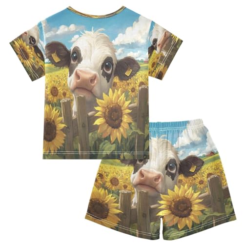 ALAZA Milk Cow Sunflower Blossom Pajamas Set Short Sleeve Cotton Sleepwear Summer Pjs 2 Piece 5-14Y2