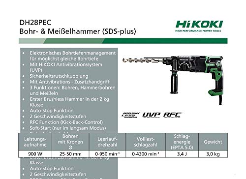 HiKOKI Bohr & Meißelhammer DH28PEC (900W, SDS-Plus, 4J, Elektronisches Bohrtiefenmanagement, RFC, Soft-touch, User Vibration Protection, Zubehör, im Transportkoffer) – Bild 3