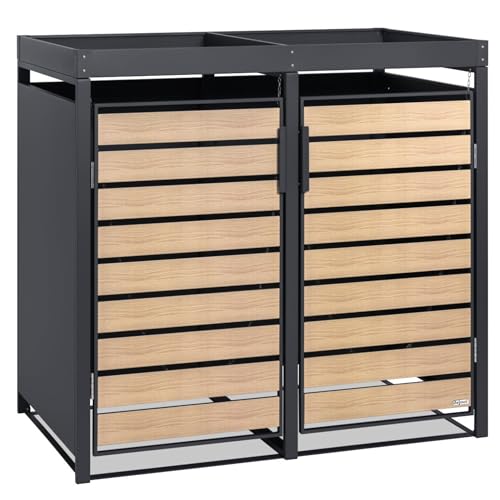 Zelsius Mülltonnenbox 2 Tonnen mit Pflanzdach | (B) 132 x (T) 80 x (H) 124 cm | Anthrazit RAL 7016 | Tür in Holzoptik mit Erweiterungsmöglichkeit | Mülltonnen, Mülltonnenverkleidung