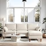 Atopston 90' Sectional Sofa, Mid-Century Modern L Shaped Couches 3-Seat Fabric Upholstered Sofa with Chaise for Living Room, Beige Linen