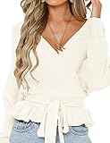 ZESICA Women's Fall 2025 Wrap V Neck Long Batwing Sleeve Belted Waist Ruffle Knitted Sweater Pullover Top,Ivory,Medium
