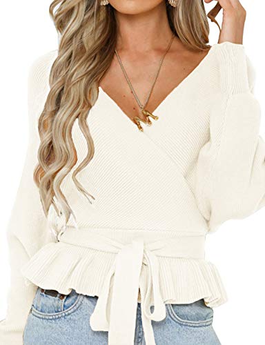 ZESICA Women's Fall 2025 Wrap V Neck Long Batwing Sleeve Belted Waist Ruffle Knitted Sweater Pullover Top