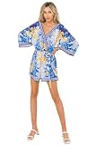 Wrap Floral Print Woven Romper - Surplice Neck Kimono Sleeves Snap Button Self Sash Tie Romper 7217AZ_Blue L
