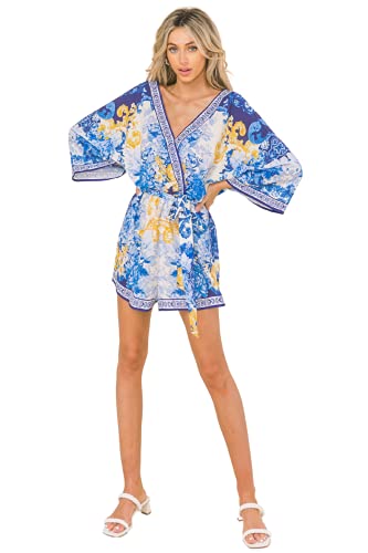 Wrap Floral Print Woven Romper - Surplice Neck Kimono Sleeves Snap Button Self Sash Tie Romper 7217AZ_Blue S