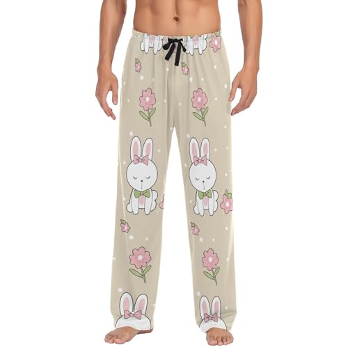 Men's Pajama Pants Cute Rabbit Floral Sleep Pajama Lounge Pant with Pockets, Elastic Waistband