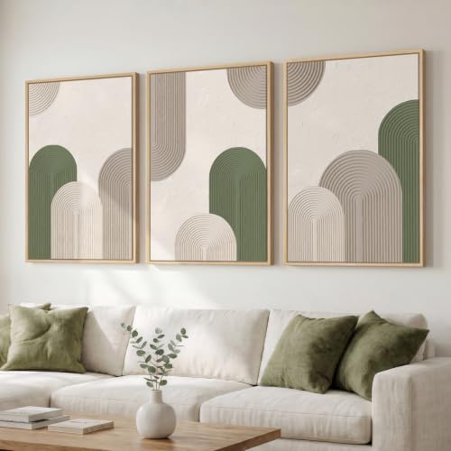 Framed Green Beige Abstract Wall Art for Living Room, 3 Piece Large Neutral Modern Minimalist Canvas Artwork for Walls, Boho Bauhaus Geometric Painting Prints for Hallway Office Wall Decor, 24x36 Inch