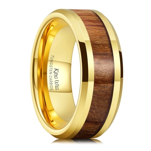 Image of King Will Nature Koa Wood Inlay Tungsten Carbide Wedding Ring 8mm Silver /Black /Gold /Green /Rose Gold /Blue Wedding Band for Men High Polished Anniversary Rings Comfort Fit Size 6-15
