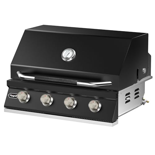 Hygrill 32-Inch Built In Grill for Natural Gas, Stainless Steel Outdoor Kitchen 4-Burner Grill Head, Black