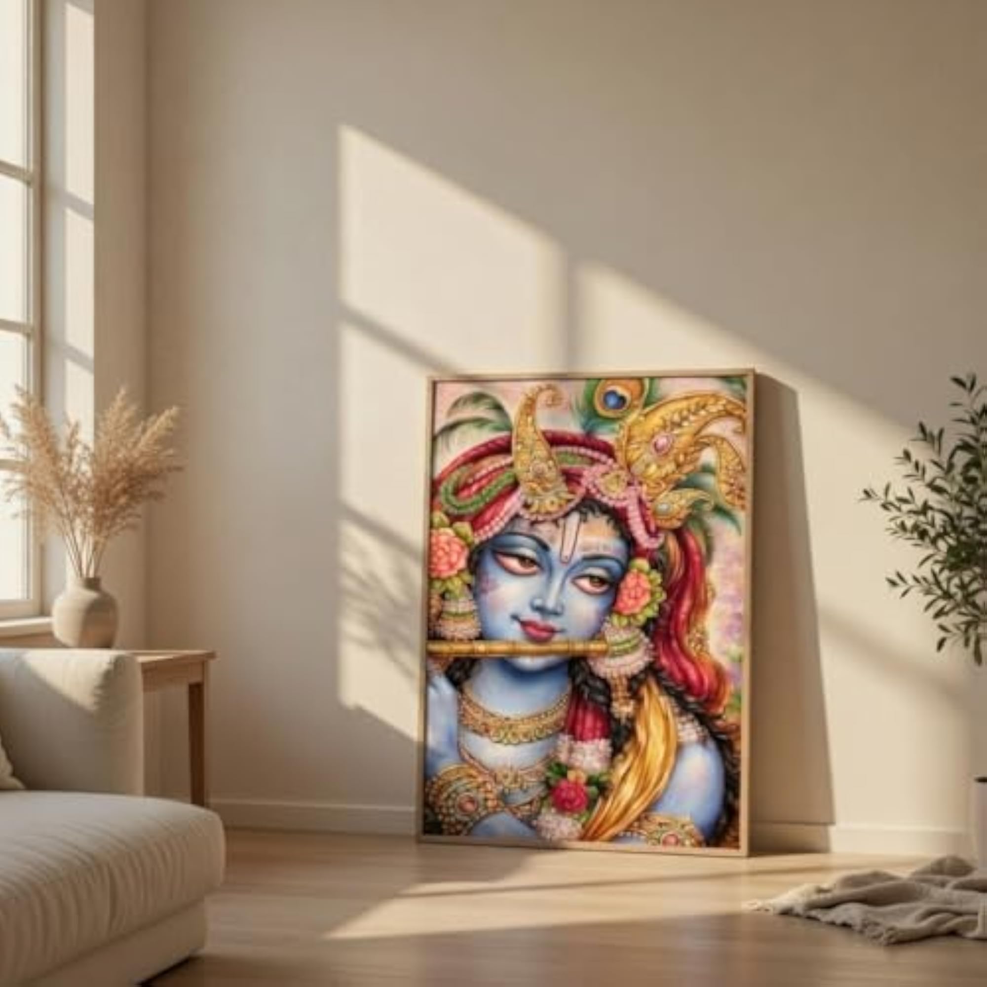 Lord Krishna Flute Wall Art with Wooden Frame