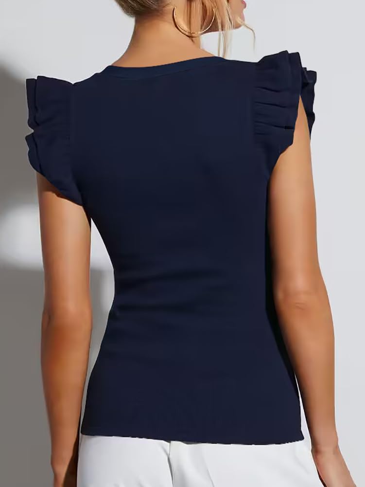 Lacozy Womens Blouse Ruffle Sleeve Top Crewneck Short Sleeve Shirt Casual Basic Work Office Dressy Shirts Spring Summer - Image 2