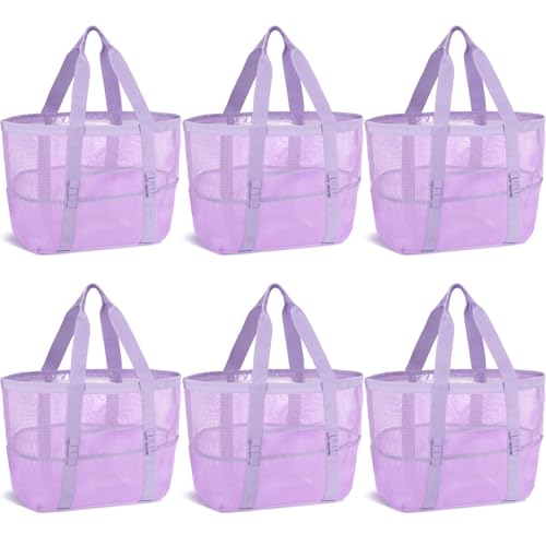 Hillban Large Beach Mesh Bags Bulk for Women Beach Tote Bag with 8 Pocket Zipper Waterproof Sandproof for Pool Cruise Ship(Lavender Purple 6 Pcs)