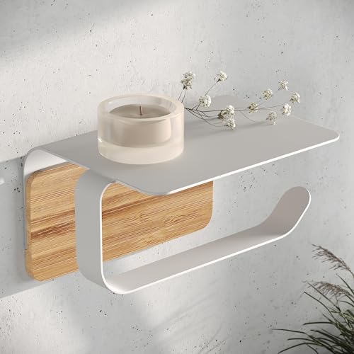 KAZAI.® Porte-Rouleau de Papier Toilette Leif - avec Étagère | Fixation Murale & Auto-adhésif (sans Perçage) | Acier Inoxydable & Véritable Bois de Bambou | Support Papier Salle de Bain | Blanc Mat