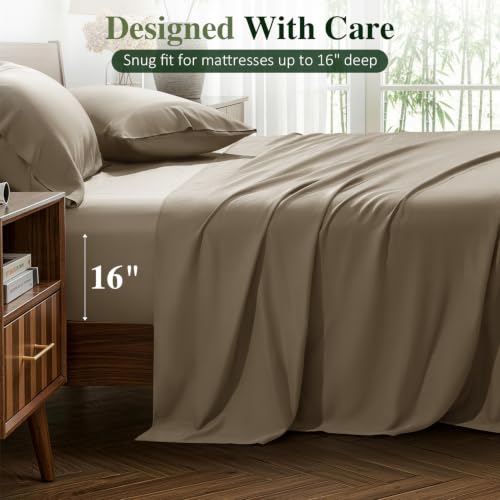 Image of 100% Organically Grown Bamboo Viscose King Sheet Set with Pockets on Side | Hotel Luxury Bed Sheets Set, Deep Pocket Up to 16 Inches, Ultra Soft Cooling Sheets 4pcs (Taupe)
