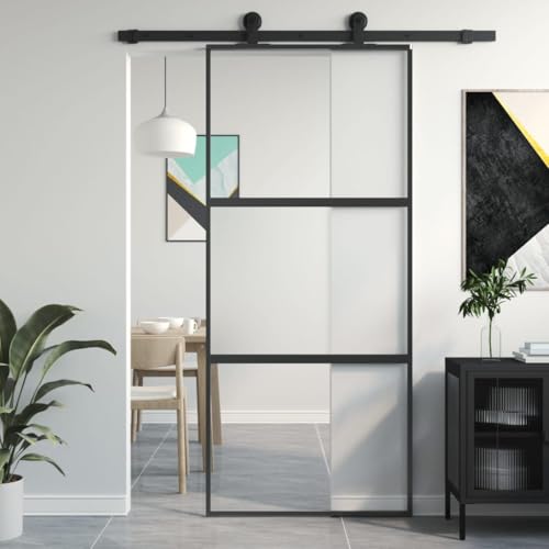 Gecheer Porta Scorrevole Nera 90x205 cm in Vetro Temperato e Alluminio,Porta,Scorrevole,Porta Interne,Set Porte Sorrevoli,Porta Scorrevole in Vetro e Alluminio,Porta per Interno,A155202