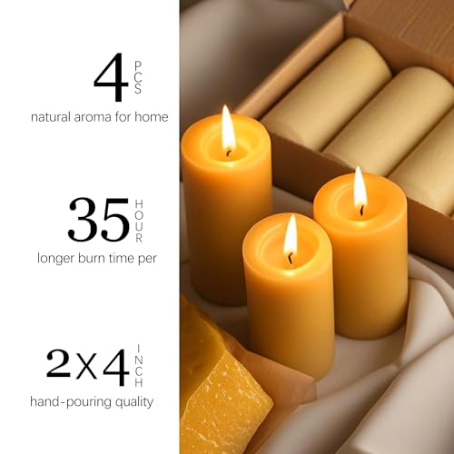Natural Beeswax Candles 4 Packs, Beeswax Pillar Candles with 140 Hours Burn Time, Organic Emergency Candle Long Burning for Home Room, Smokeless & Dripless, 2x4 inch