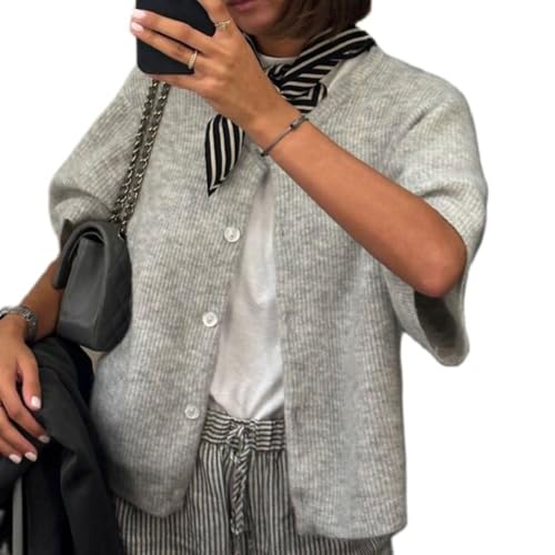 Kimydreama Women Knit Cropped Cardigan Short Sleeve Button Down Sweater Y2k Girls Open Front Knit Tee Shirt Tops Outerwear