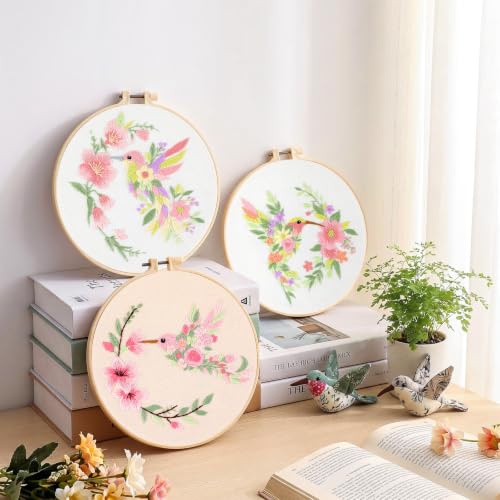 Image of Mindsoft 3 Set Needlepoint Kit for Beginners with Hoop,Flower Hummingbird