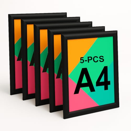 Aluanz Cornice per Poster A4 Nero - Set da 5 - Cornice Intercambiabile con Pellicola Antiriflesso, Profilo per Poster da Montare a Parete, Cornice a Scatto Verticale e Orizzontale - 210 x 297 mm