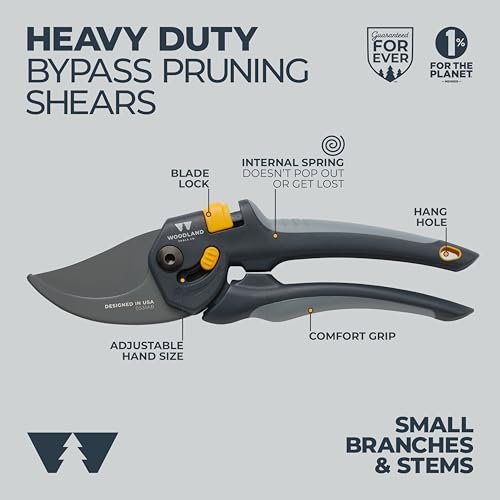 Image of Woodland Tools Co. Heavy Duty Bypass Pruning Shears - 5 /8 inch Cut Capacity, High Carbon Steel Blade, Internal Spring, Adjustable Grip Slider, Garden Hand Pruner for Plants, Shrubs, and Live Stems