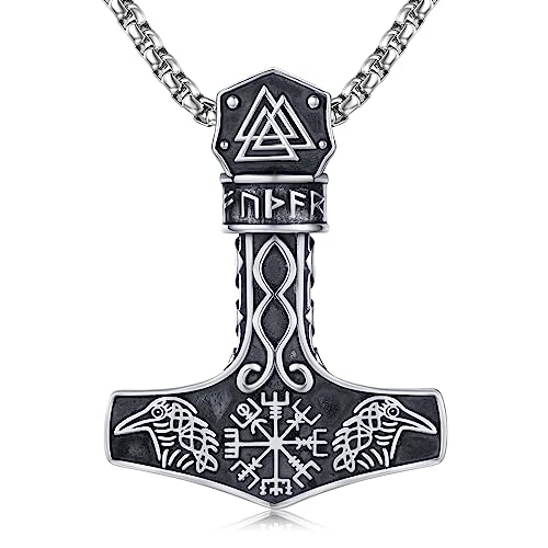 Twoowl Mjolnir Necklace 925 Sterling Silver Viking Vegvisir Thor Hammer Pendant Raven Necklace Norse Runes Amulet Jewelry Gifts for Women Men
