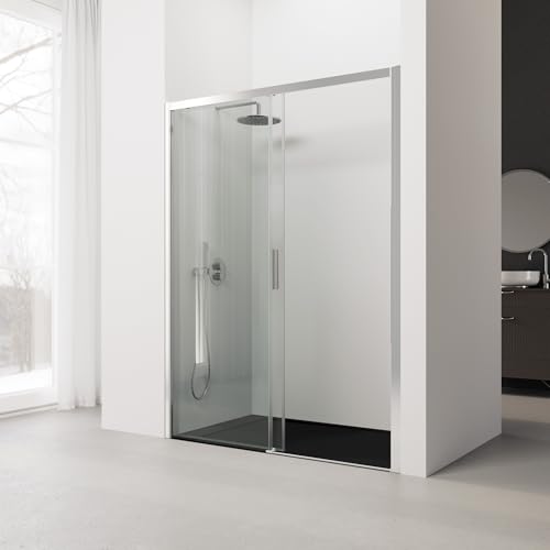Mampara de Ducha Frontal Corredera SERIE 300F - Medidas 140-144x195 cm - Vidrio Templado, Antical, Transparente - 1 Hoja Corredera y 1 Fijo de 6 mm - Perfil Plata Alto Brillo - Reversible -REALSHOWER