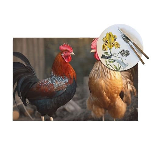 Lot de 4 sets de table en PVC tissé coq et poule lavables