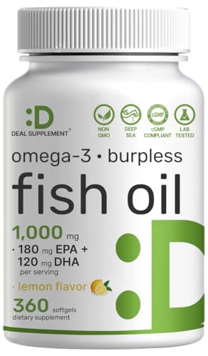 DEAL SUPPLEMENT Omega-3 Fish Oil Burpless Formula from Wild Caught Deep Sea Fish 360 Softgels | 1 000mg Fish Oil with 180 EPA & 120 DHA per Serving | Natural Lemon Flavor | Non-Gmo cGMP Manufactured