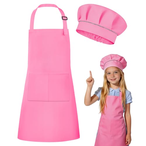 DiULi Delantal y Gorro Cocinero Niño, 2 Piezas Delantal y Gorro de Chef para Niños, Set de Delantales Infantiles Ajustables con Bolsillos y Gorros para Cocinar Hornear Pintura y Jardinero, Rosa - S