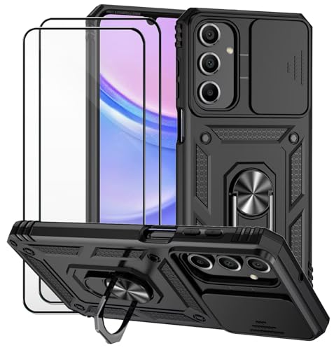 Dechyi Cover per Samsung galaxy A16 5G con Vetro Temperato Custodia con Scorrevole Protezione Fotocamera Custodia Rotante Anello Supporto Antiurto TPU Bumper Custodie-Nero