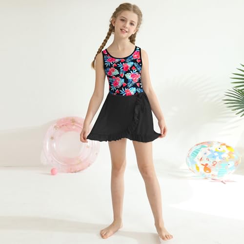 ESHOO Girls Tankini Sets Rash Guard Bathing Set 3 Piece Bikini Swimsuit with Cover Up Beach Skirt Tween Swimwear 7-14Y4
