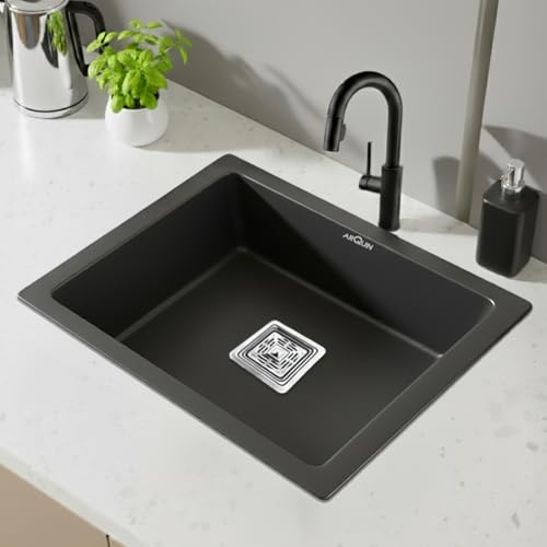 Image of ARQUIN Quartz Sink 21x18x9 Inch Black | Single Bowl Sink | Durable & Scratch-Resistant | Undermount /Topmount Including Coupling, Waste Pipe & Fruit Washing Basket