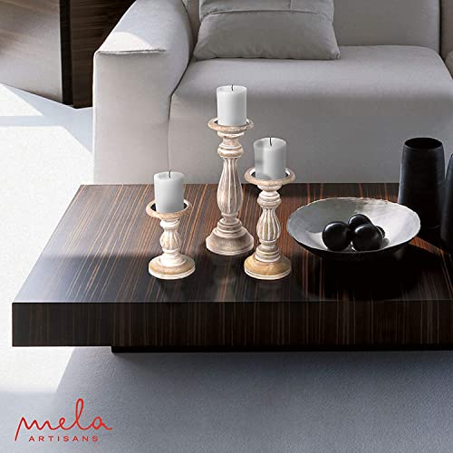 Mela Artisans Whitewashed Hand Carved Wooden Pillar Candle Holders - Set Of 3 | Hana Decorative Style | Crafted From Mango Wood | Rustic Table Centerpiece Decor | Sized 6", 9" And 12" #TOP5