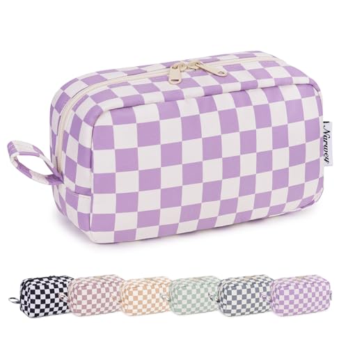 Image of Narwey Checkered Makeup Bag Travel Cosmetic Bag Organizer Small Toiletry Bag Make Up Bags with Organized Pockets for Women (Purple Checkerboard, Large)