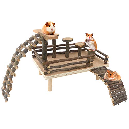 Image of Hamster Climbing Toys - Wooden Activity Set with Large Bridge, Apple Wood Chewing Toys for Small Pets