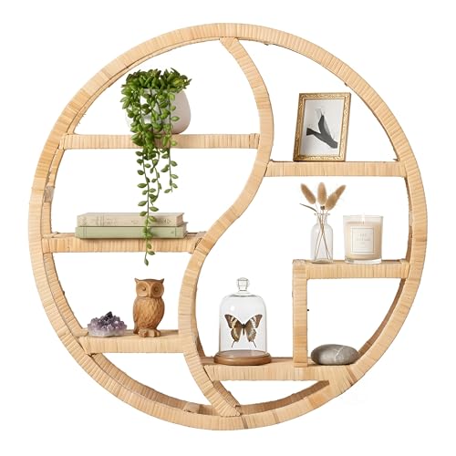 Vintiquewise Round Bamboo Wall Shelf with 3-Tier Wooden Display Sections – Boho Circle Hanging Shelf for Living Room, Bedroom, Entryway & Home Decor