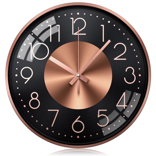 Image of October Elf 12 Inch Wall Clocks for Living Room Kitchen Modern, Battery Operated Silent Wall Clock, Wall Clock for Bedroom Round Aluminium Decorative Rose Gold