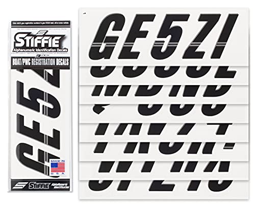 Image of STIFFIE Techtron Black /White 3 inch Boat & PWC Registration Decals • Numbers Letters Stickers