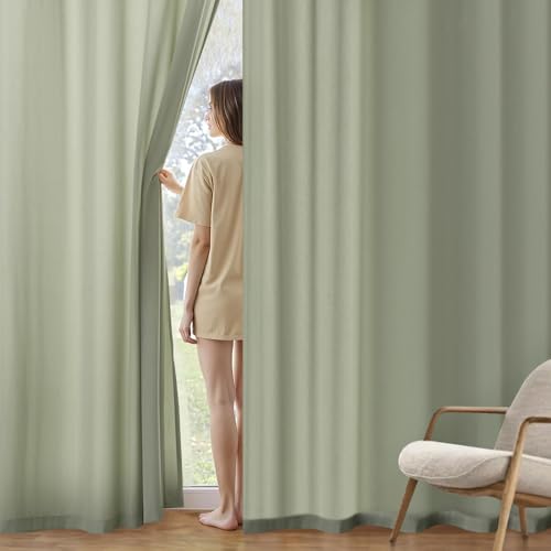 Image of MIULEE Sage Green Semi Sheer Privacy Curtains Drapes 2 Panels 52W x 84L | Semi sheer privacy, non-see-through, light filtering, fits kitchen, bathroom, bedroom