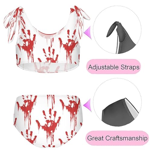 Image of QUGRL Bloody Handprint Horror Girls Swimsuit Bikini Set Spooky Halloween Kids Bathing Suits for Girls 2 Piece Bowknot Swimwear Tankini Hawaiian 7-8 Years