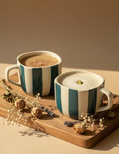 Image of DATA Ceramic Zen Stripes Hand Painted Coffee Mugs in Dark Green Lines, Set of 6, 199 Ml