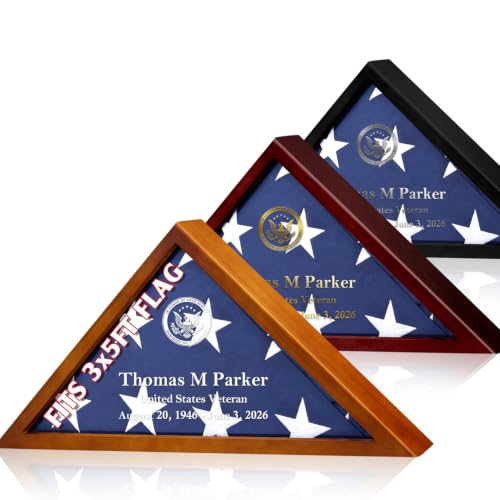 Small Customized Flag Shadow Case for 3' x 5' Flag American Veteran Flag Display Box Wood and Glass Flag Box with Personalized Name for Wall Mount or Standing Display