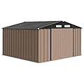 PlayfulPals Metal Storage Shed, 10 x 12 FT Galvanized Steel Utility Tool House Outdoor Storage Shed for Garden, Backyard, Lawn Patio Storage with Lockable Door & Shutter Vents, Easy Assembly, Brown