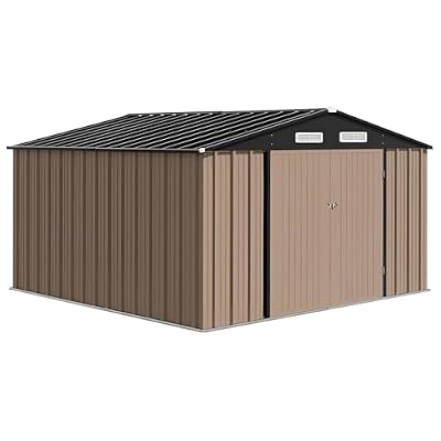 PlayfulPals Metal Storage Shed, 10 x 12 FT Galvanized Steel Utility Tool House Outdoor Storage Shed for Garden, Backyard, Lawn Patio Storage with Lockable Door & Shutter Vents, Easy Assembly, Brown