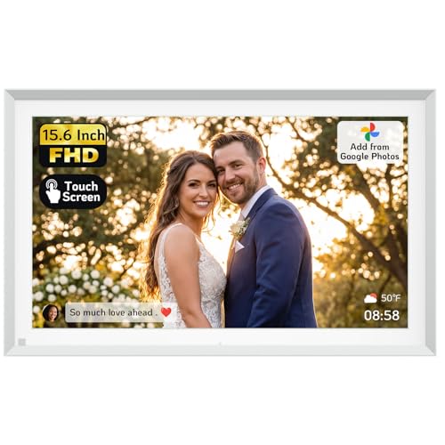 NexFoto 15.6' Touchscreen Digital Picture Frame, 64GB Digital Photo Frame FHD WiFi, Add Pics from Google Photos, Upload Videos via App/USB, Gifts for Wedding/Mom/Grandpartents, Silver